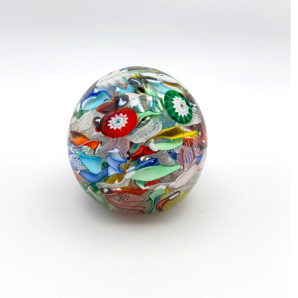 Murano Art Glass Paperweight Millefiori Scramble Zanfirico Cane Round 3x3